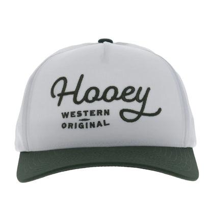 a white and green cap by hooey on a white background