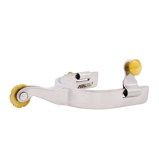 Metal spur with a brass rowel and buttons on a white background