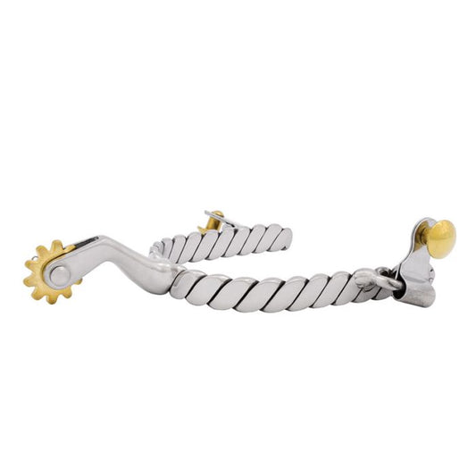 Silver and brass spur with a twisted design on a white background