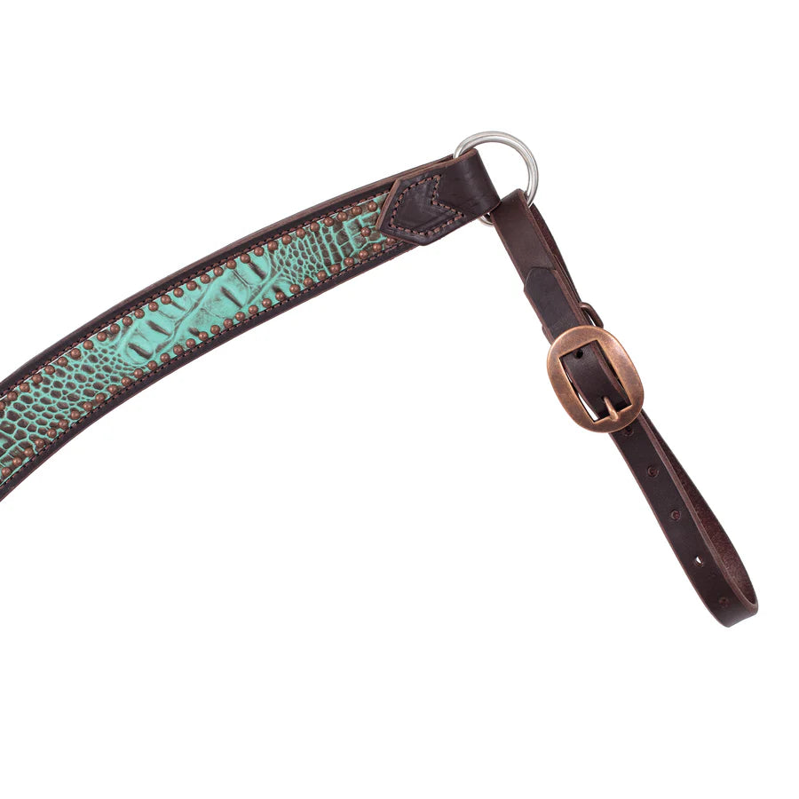 Leather breast collar strap with turquoise croc pattern and bronze buckle on a white background