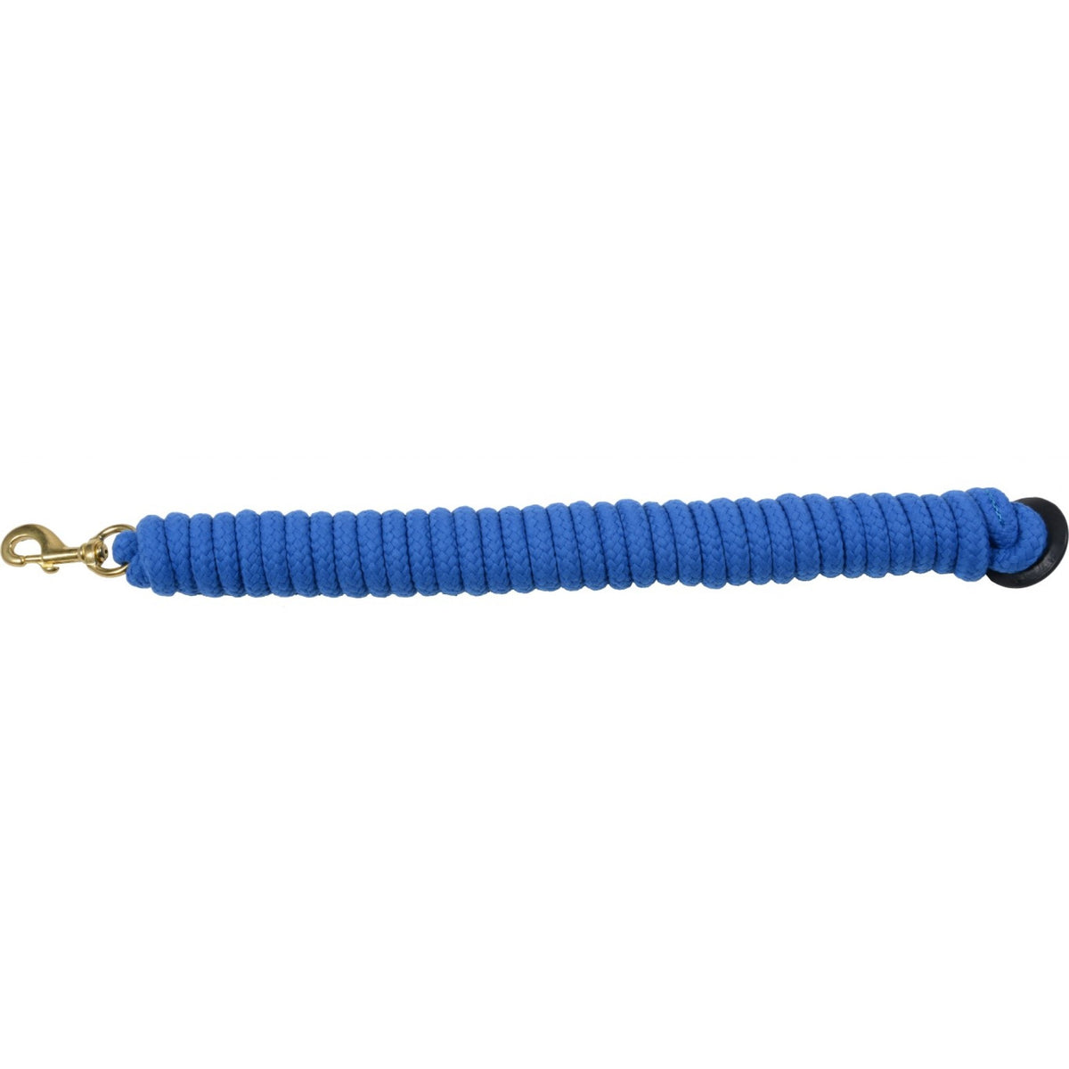 A blue cotton lunge line with a rubber stopper and metal clip.