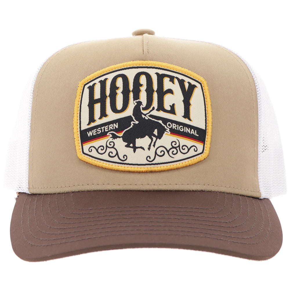a tan, brown and white hat with a patch that says 'hooey-western original' on a white background