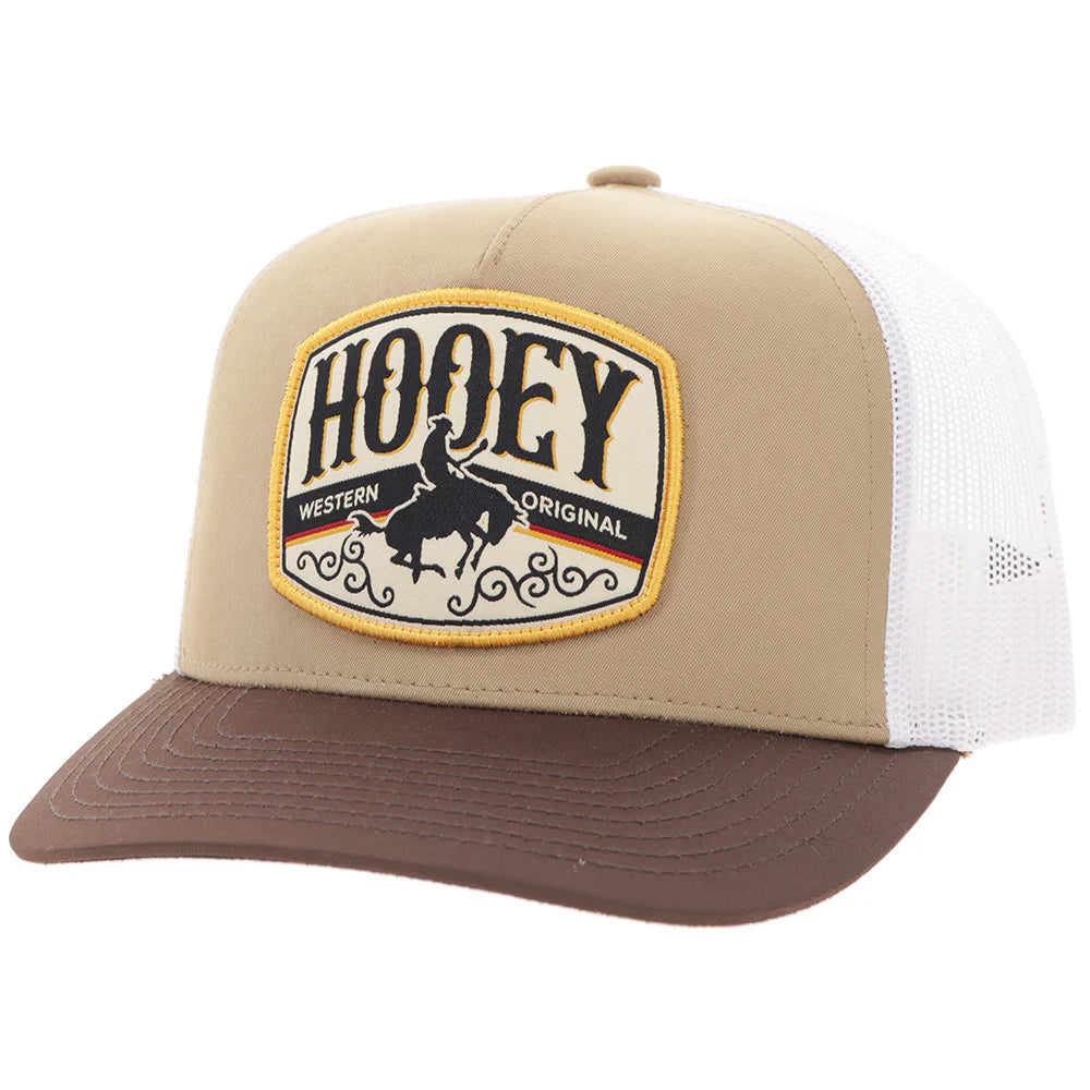 a tan, brown and white hat with a patch that says 'hooey-western original' on a white background