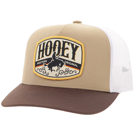 a tan, brown and white hat with a patch that says 'hooey-western original' on a white background