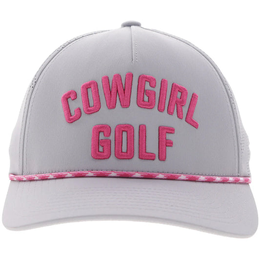 Gray Hooey cap with pink 'Cowgirl Golf' text on a white background