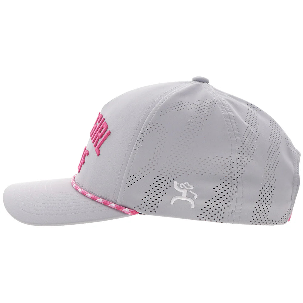 Gray Hooey cap with pink 'Cowgirl Golf' text on a white background