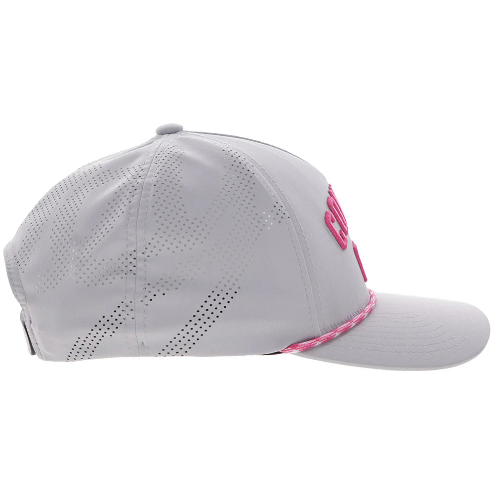 Gray Hooey cap with pink 'Cowgirl Golf' text on a white background