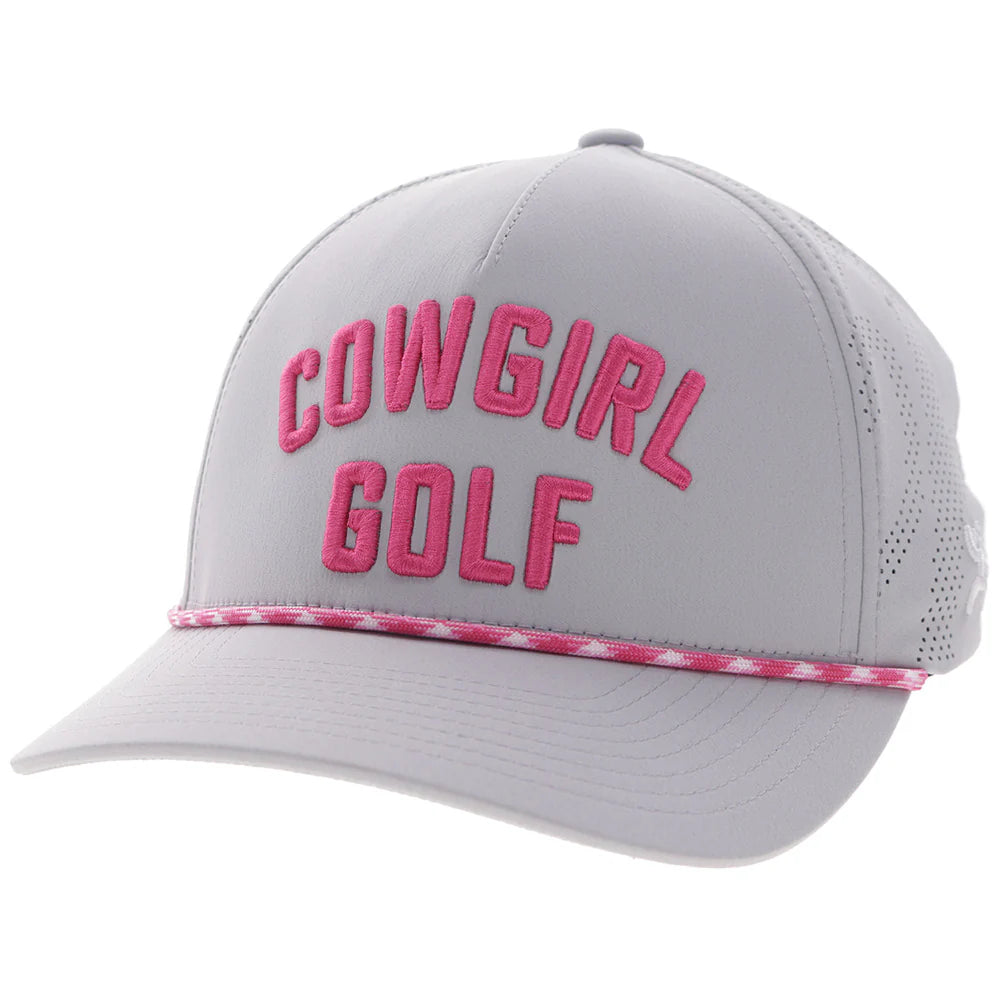 Gray Hooey cap with pink 'Cowgirl Golf' text on a white background