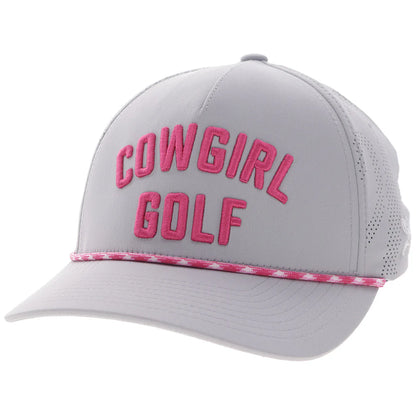Gray Hooey cap with pink 'Cowgirl Golf' text on a white background