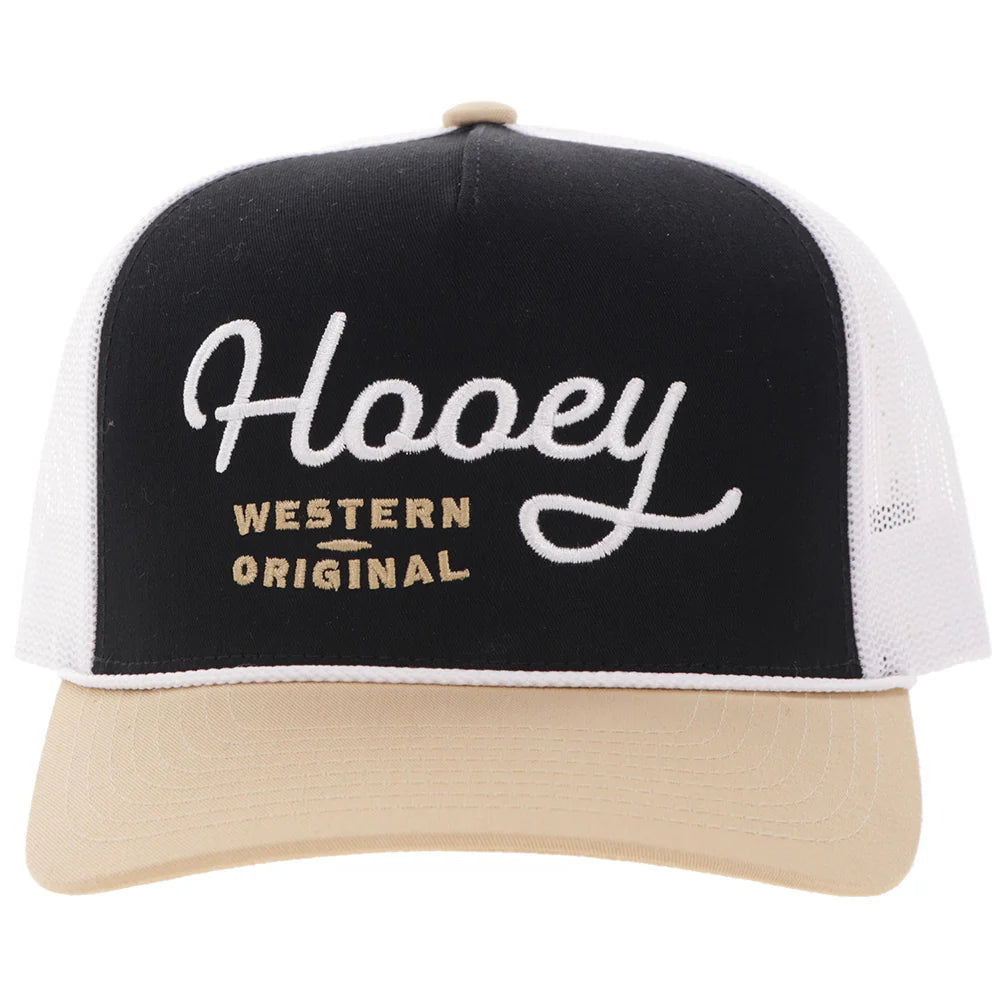 a black, tan and white cap by hooey on a white background