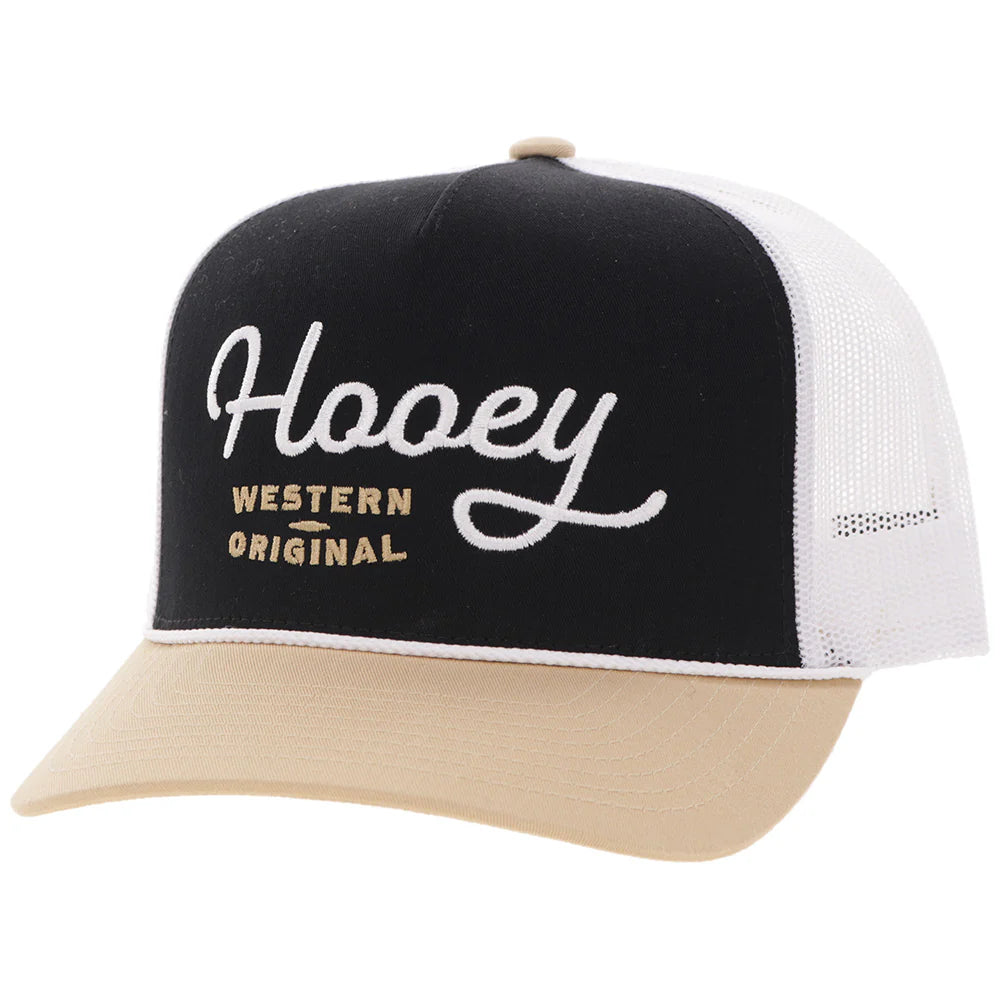 a black, tan and white cap by hooey on a white background