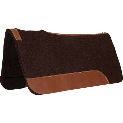 A dark brown horse saddle pad with contrasting tan leather trim on the edges and lower front panel, shown against a plain white background.