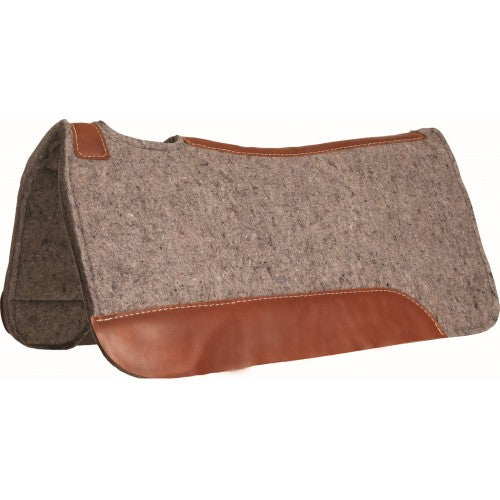 Horse saddle pad with brown leather corners on a white background