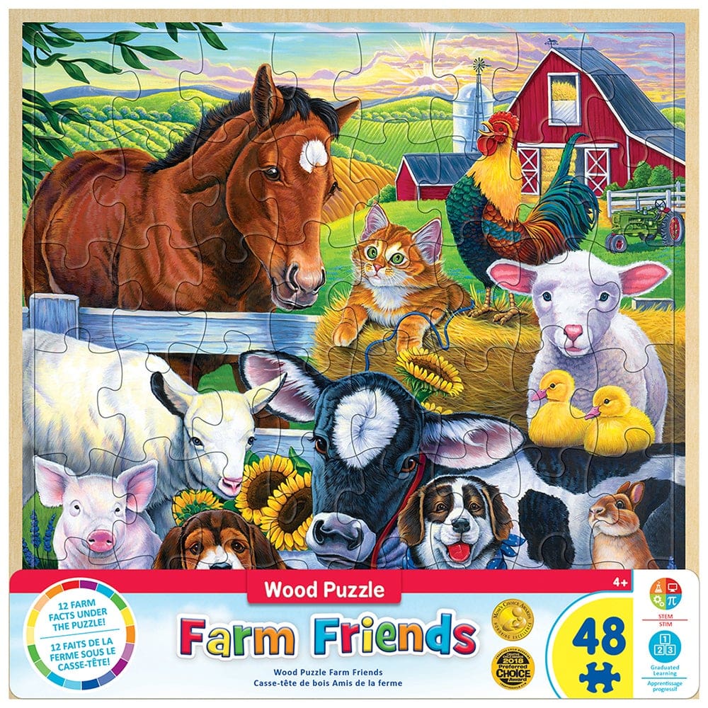 Master Pieces Wooden puzzle box featuring farm animals with a barn and landscape in the background.