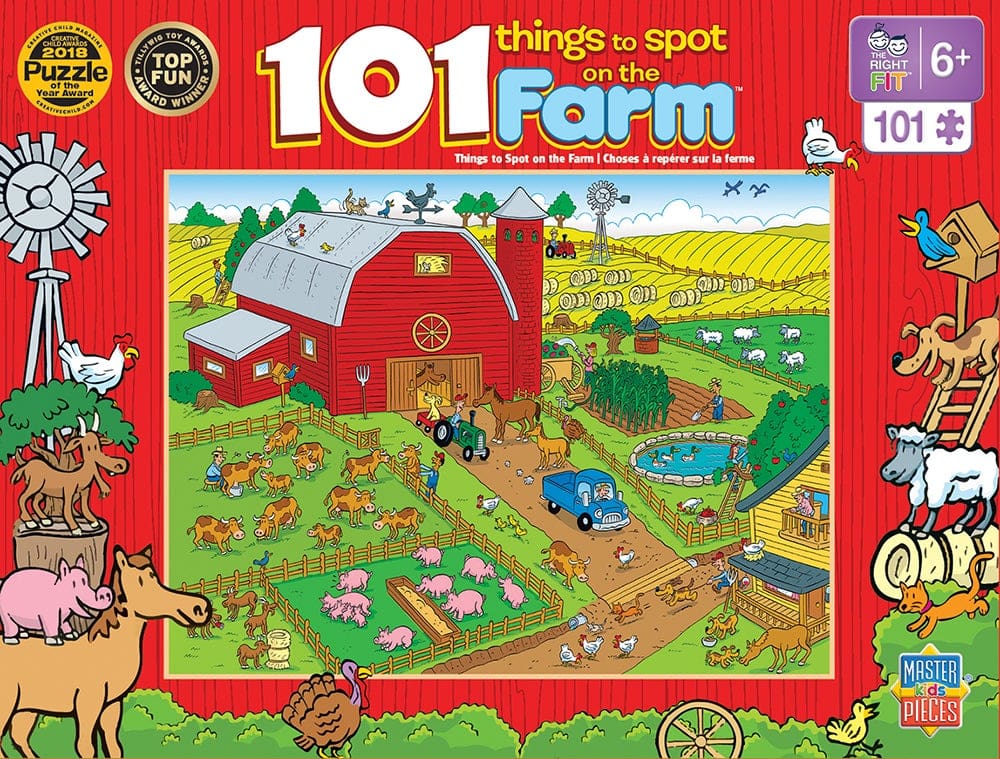 Master Pieces Children's puzzle cover titled '101 Things to Spot on the Farm' with colorful illustrations of farm animals and structures.