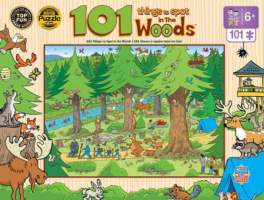 Master Pieces 101 Things to Spot in the Woods puzzle packaging with cartoon animals and nature elements.
