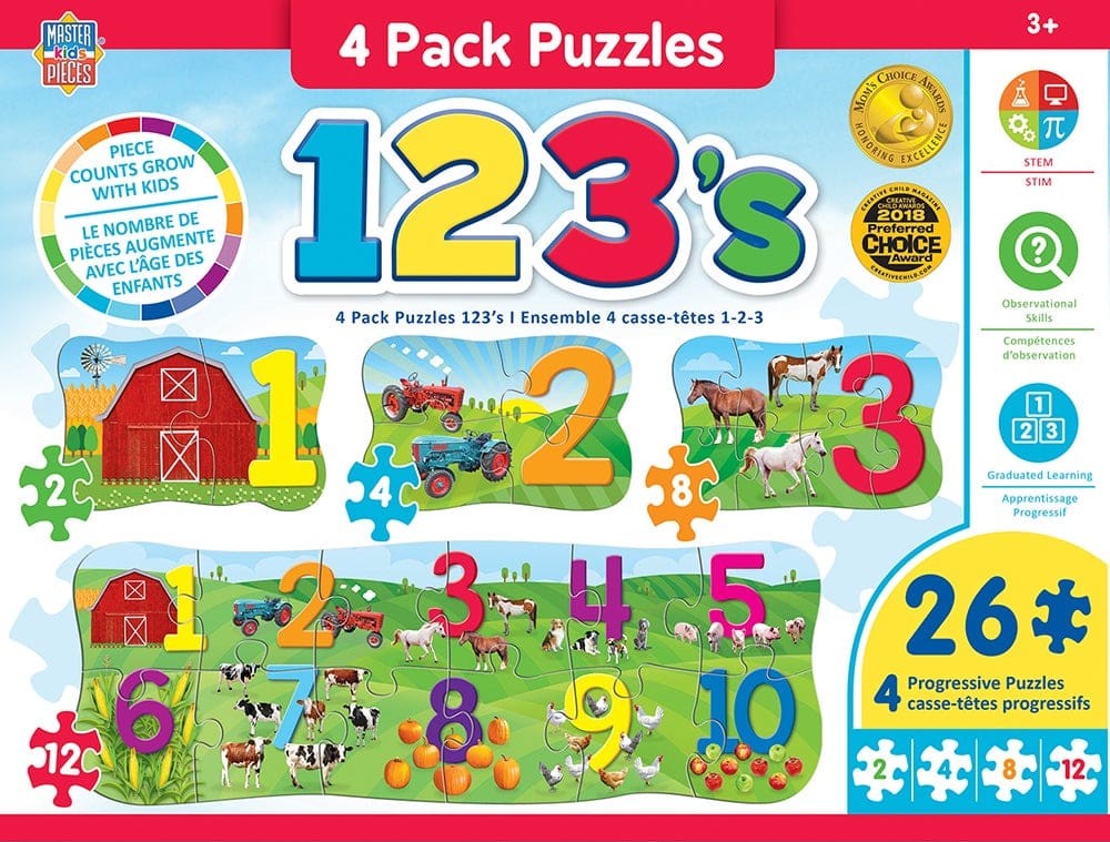 Master Pieces 4-pack puzzles with numbers and farm-themed illustrations on a colorful background