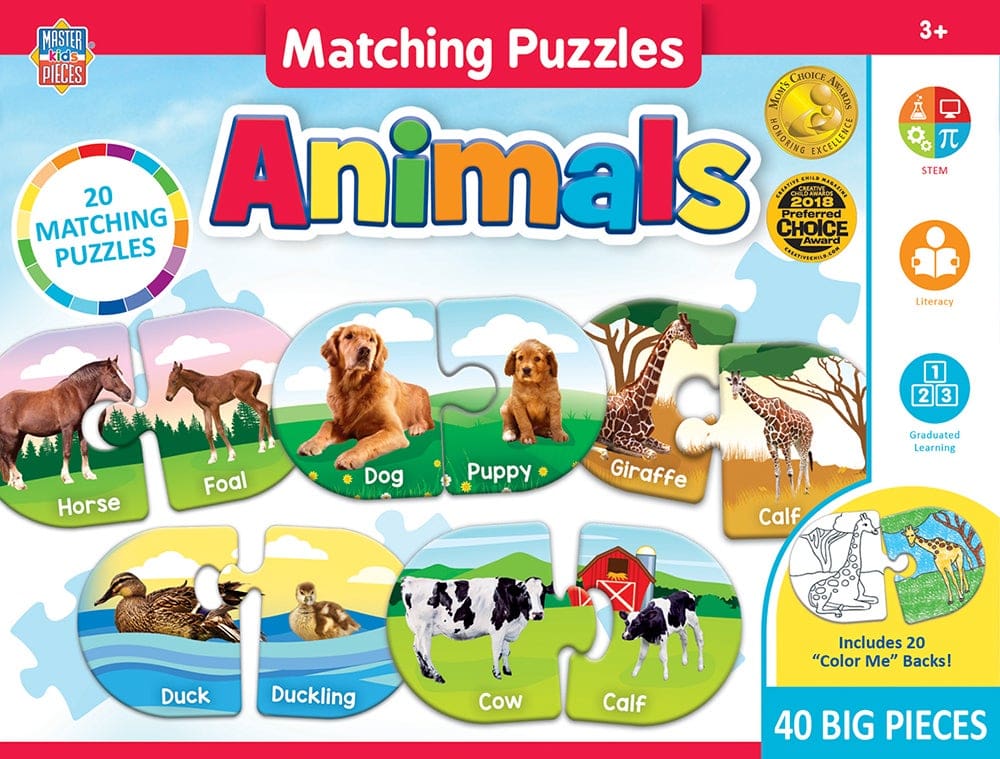 Master Pieces Children's matching puzzles packaging with animal illustrations and educational text.