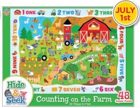 Master Pieces Children's puzzle with farm scene and numbers, featuring a barn and animals.
