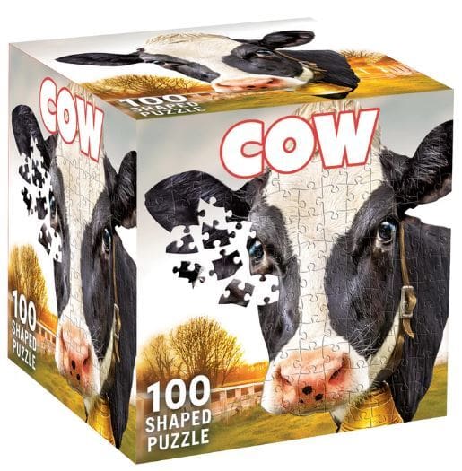 Cow-themed puzzle box with cow illustration on a white background