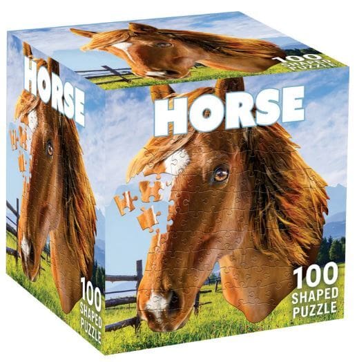 Horse-shaped puzzle packaging with a horse illustration on a grassy field background