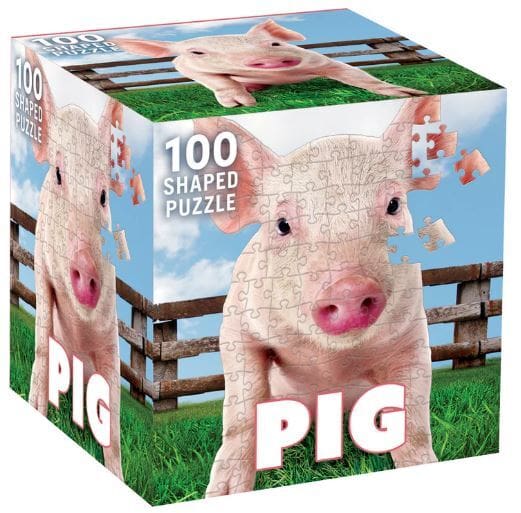 Puzzle box with a pig design on a grassy field background