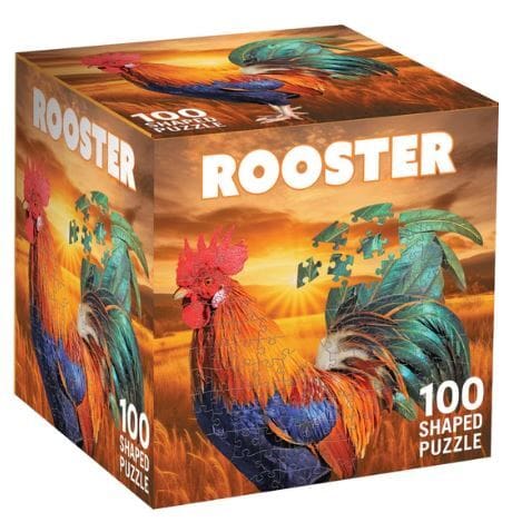 Jigsaw puzzle box featuring a rooster design with 'Rooster' text and '100 Shaped Puzzle' on a brown background.