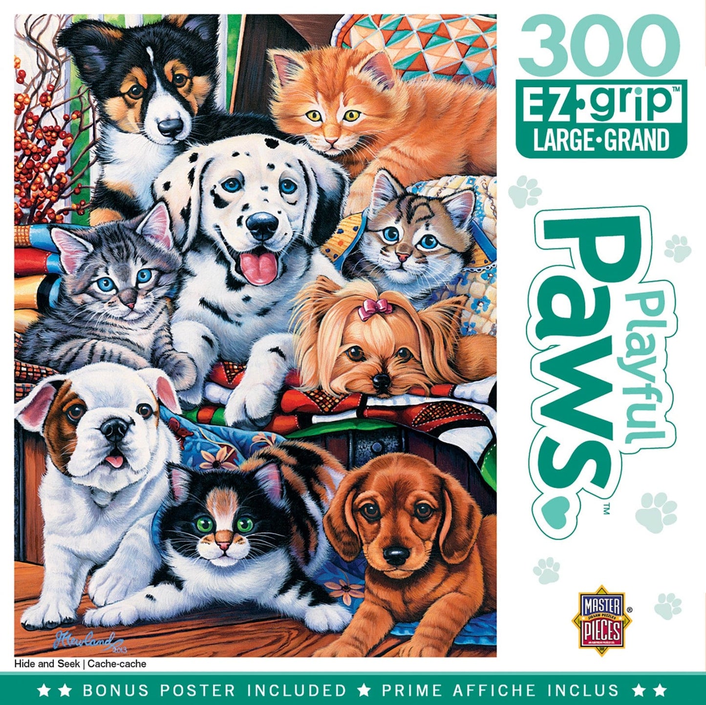 Master Pieces Jigsaw puzzle box featuring cats and dogs with '300 EZ-Grip Large-Grid' text.
