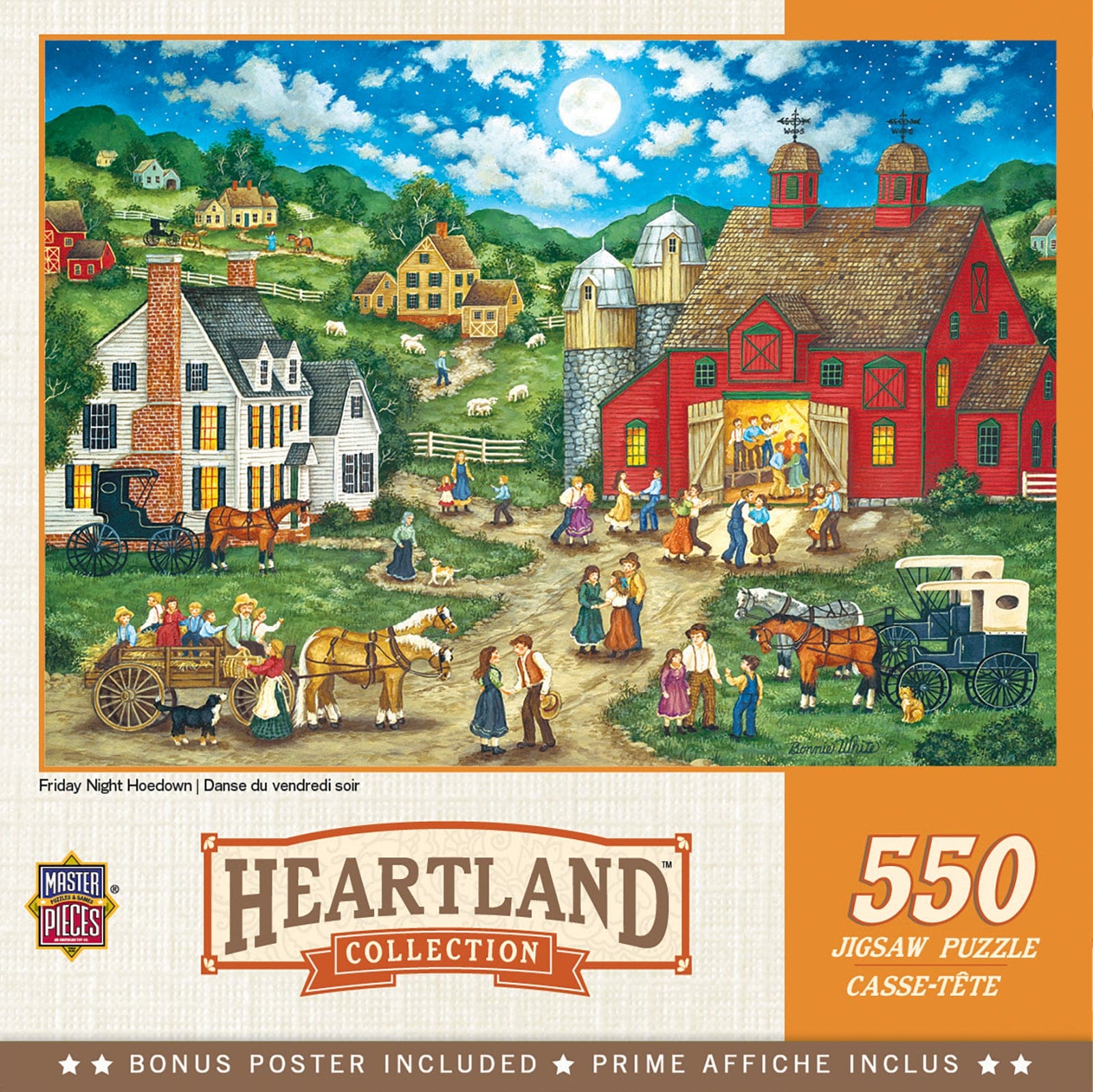 Heartland Collection puzzle box with a colorful illustration of a rural scene featuring houses, barns, and people.