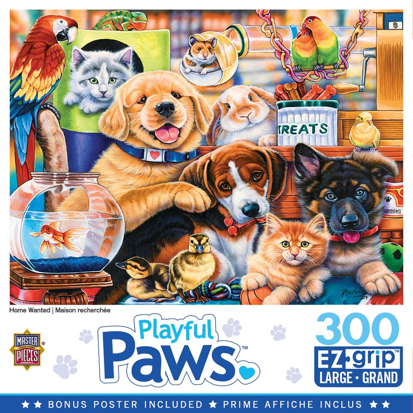 Playful Paws puzzle packaging with various animals and MasterPieces branding.
