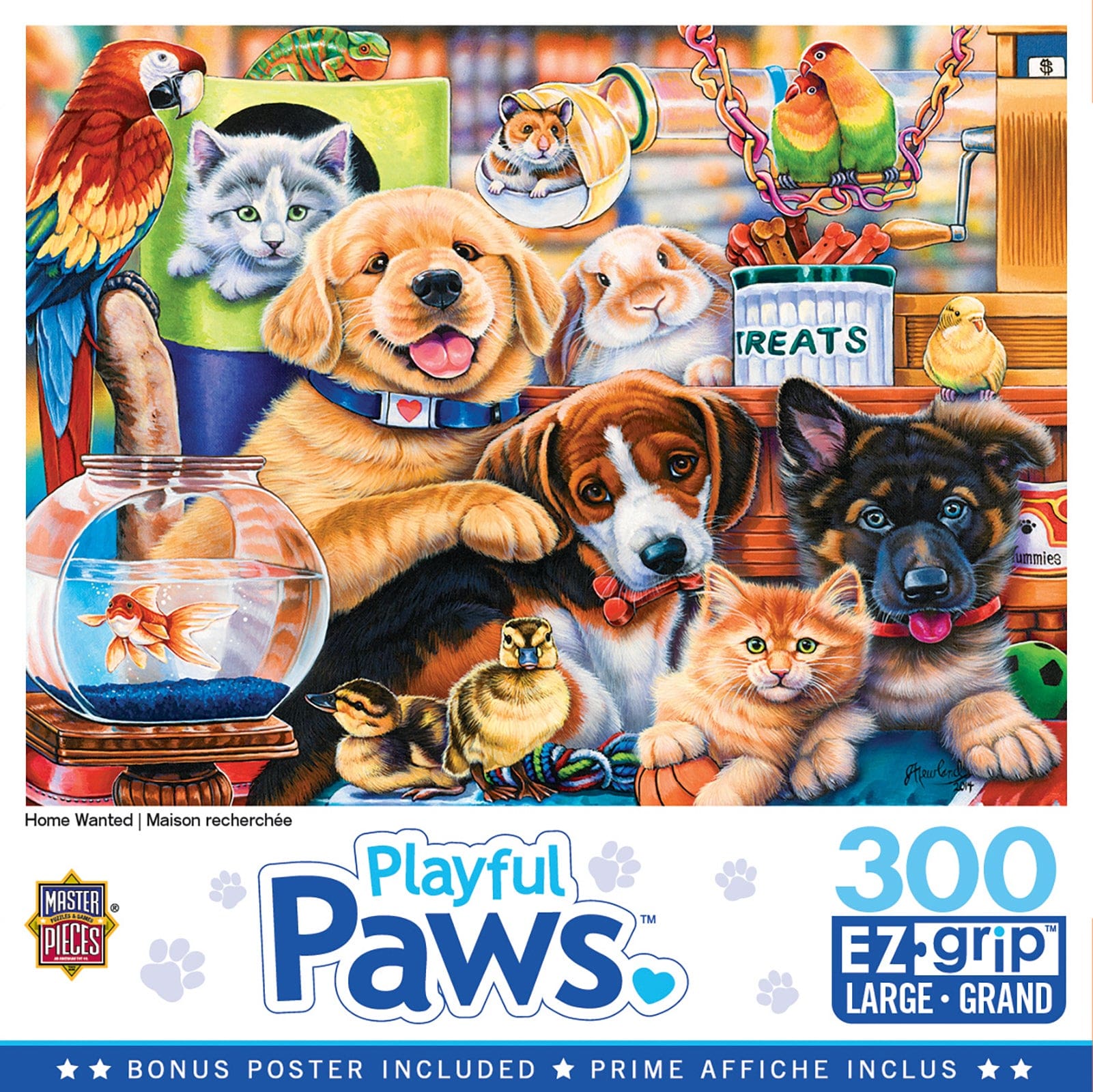 Playful Paws puzzle packaging with various animals and MasterPieces branding.