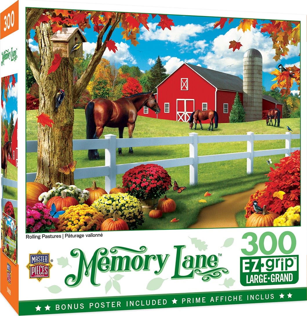 Master Pieces Jigsaw puzzle box featuring a farm scene with horses, barn, and autumn elements.