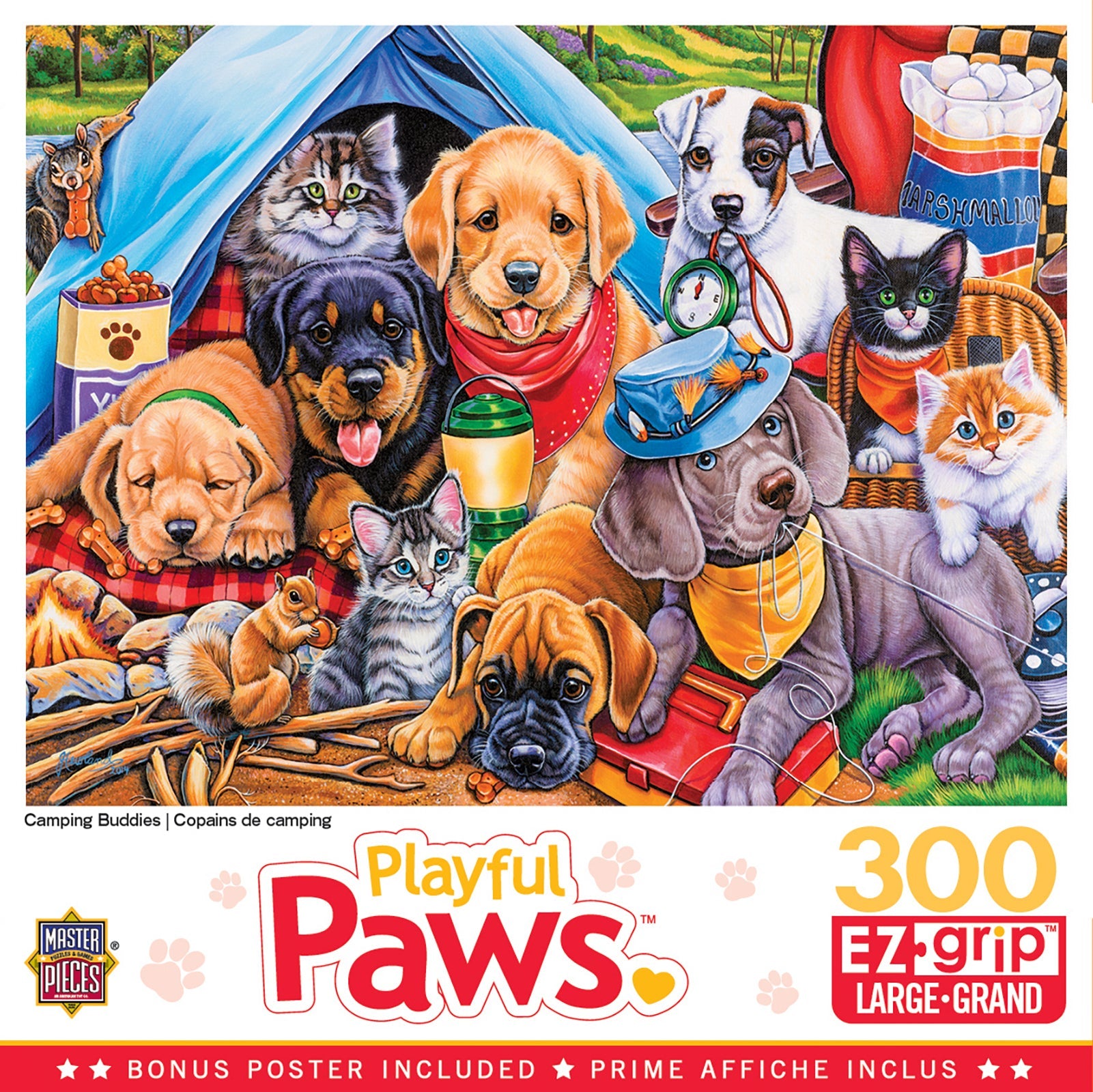 Master Pieces Jigsaw puzzle packaging featuring dogs and cats around a tent with 'Playful Paws' branding.