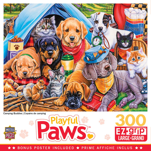 Master Pieces Jigsaw puzzle packaging featuring dogs and cats around a tent with 'Playful Paws' branding.