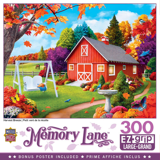 Master Pieces Jigsaw puzzle box featuring a colorful autumn scene with a red barn, swing, and pumpkins.
