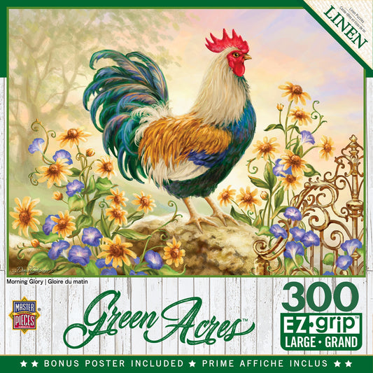 Master Pieces Jigsaw puzzle box featuring a rooster in a garden with flowers and a fence, labeled 'Green Acres'.