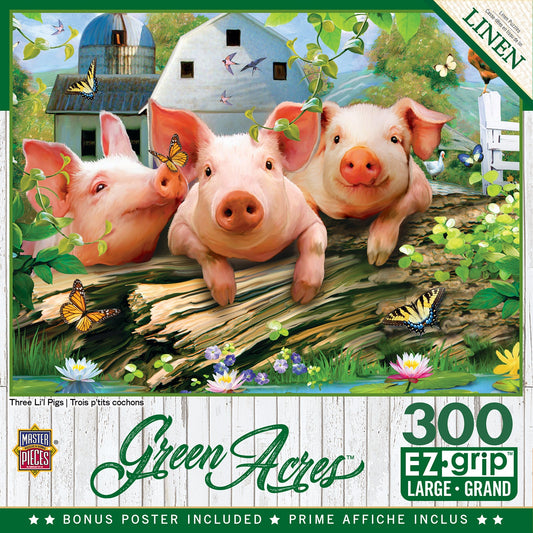 Master Pieces Jigsaw puzzle packaging featuring three pigs on a log with butterflies and flowers, set against a farm background.