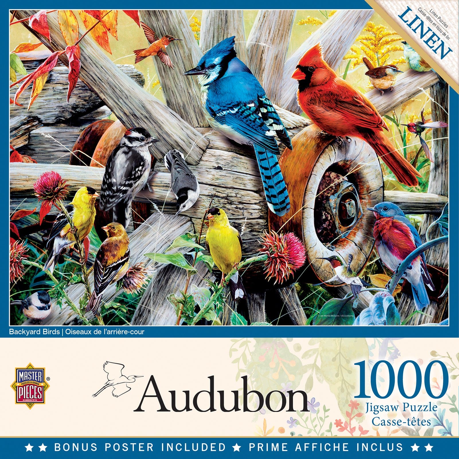Master Pieces Audubon 1000-piece jigsaw puzzle box featuring colorful birds and nature elements.