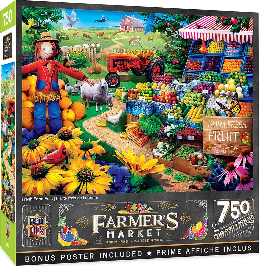 Master Pieces Jigsaw puzzle box featuring a colorful display with a scarecrow, tractor, and various fruits and vegetables.