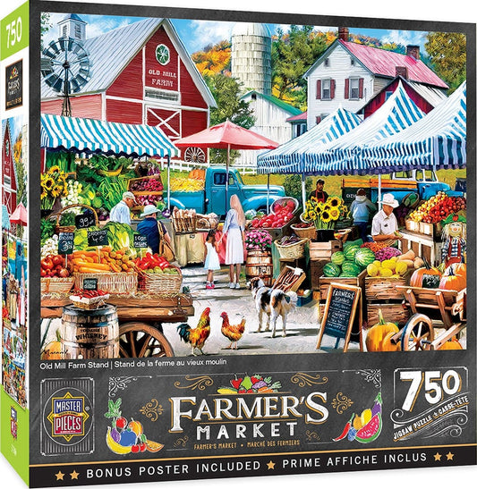 Master Pieces Jigsaw puzzle box featuring a farmer's market scene with colorful produce and buildings.
