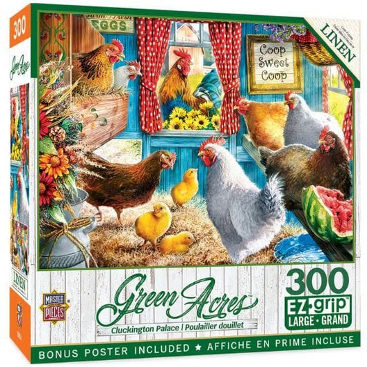 Master Pieces Jigsaw puzzle box featuring chickens and a farm scene with 'Green Acres' branding.