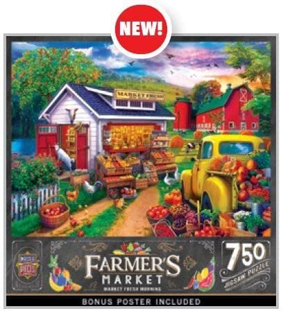 Master Pieces Jigsaw puzzle box featuring a colorful illustration of a farmer's market with a yellow truck and various stalls.