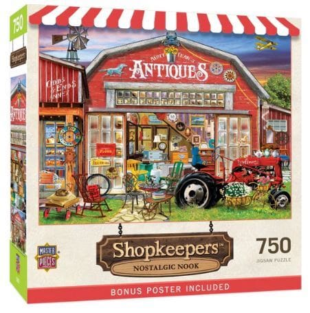 Master Pieces Jigsaw puzzle box featuring a colorful illustration of an antique store with a red barn and various items