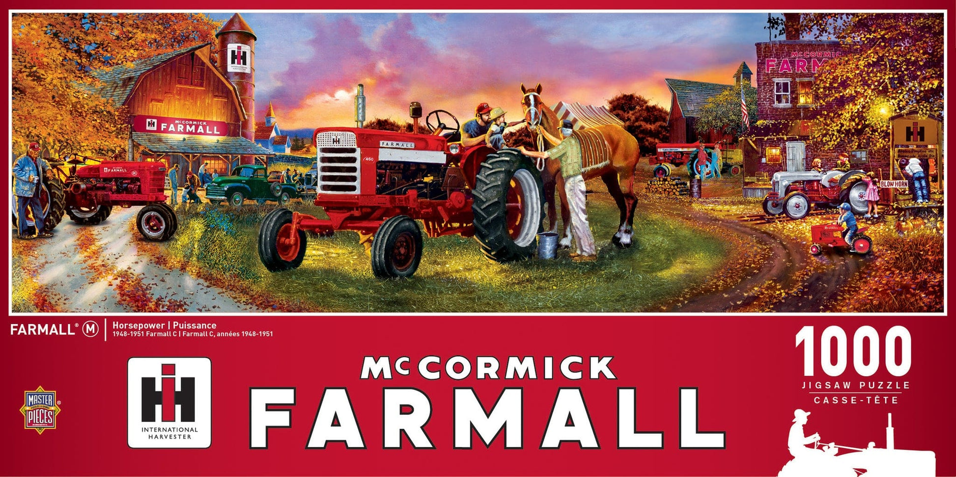 Master Pieces Farm-themed puzzle with a red tractor and barn, featuring McCormick Farmall branding.