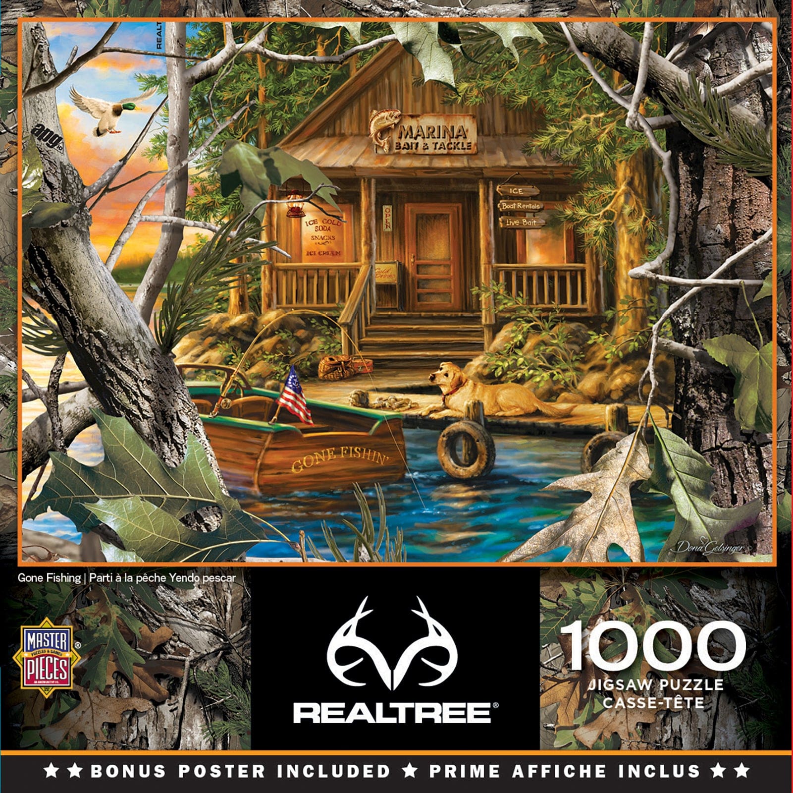 Master Pieces Jigsaw puzzle packaging featuring a cabin by a lake with trees and a boat, branded with Realtree.