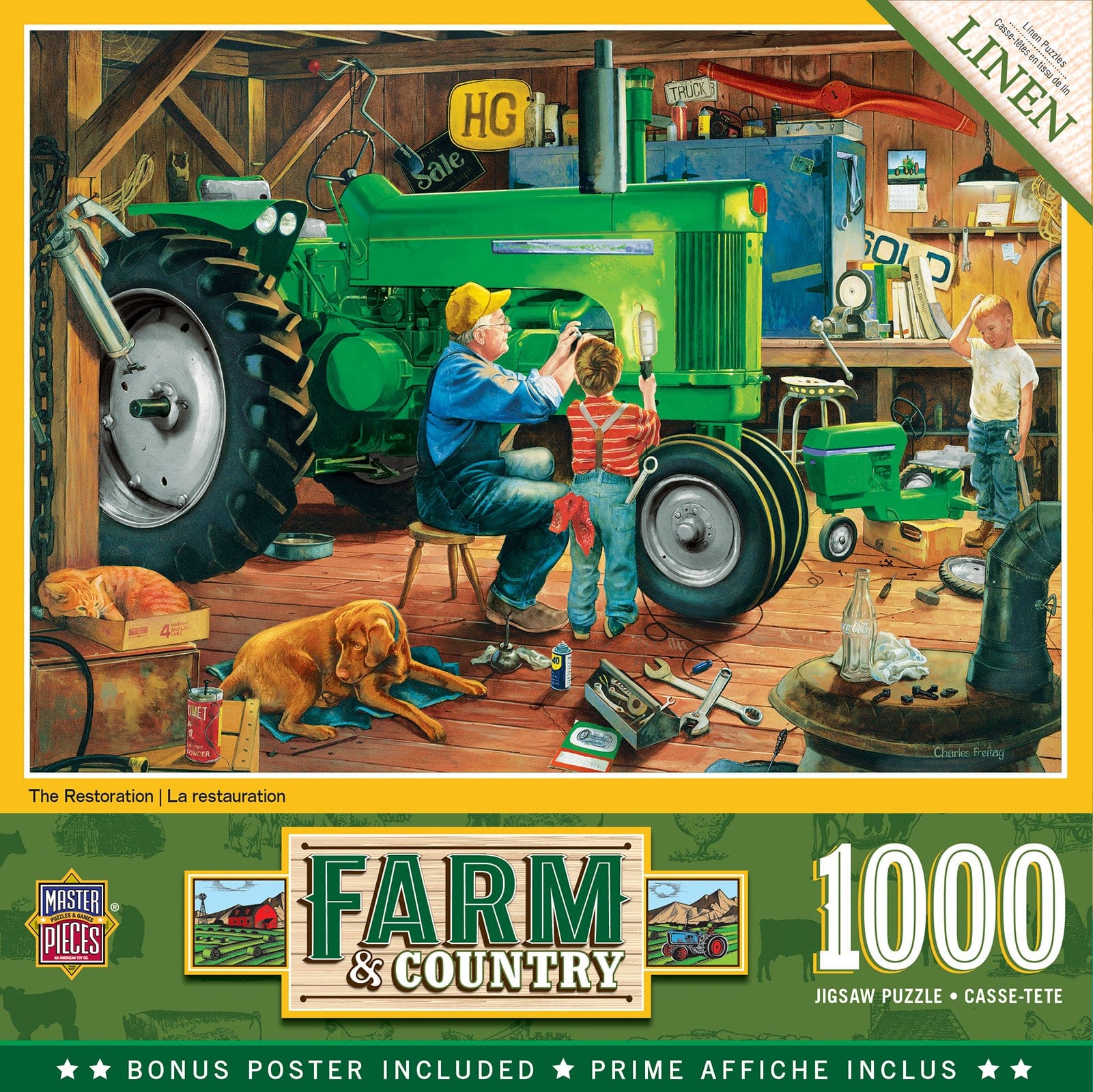 Master Pieces Jigsaw puzzle box featuring a farm scene with a green tractor, people, and animals.
