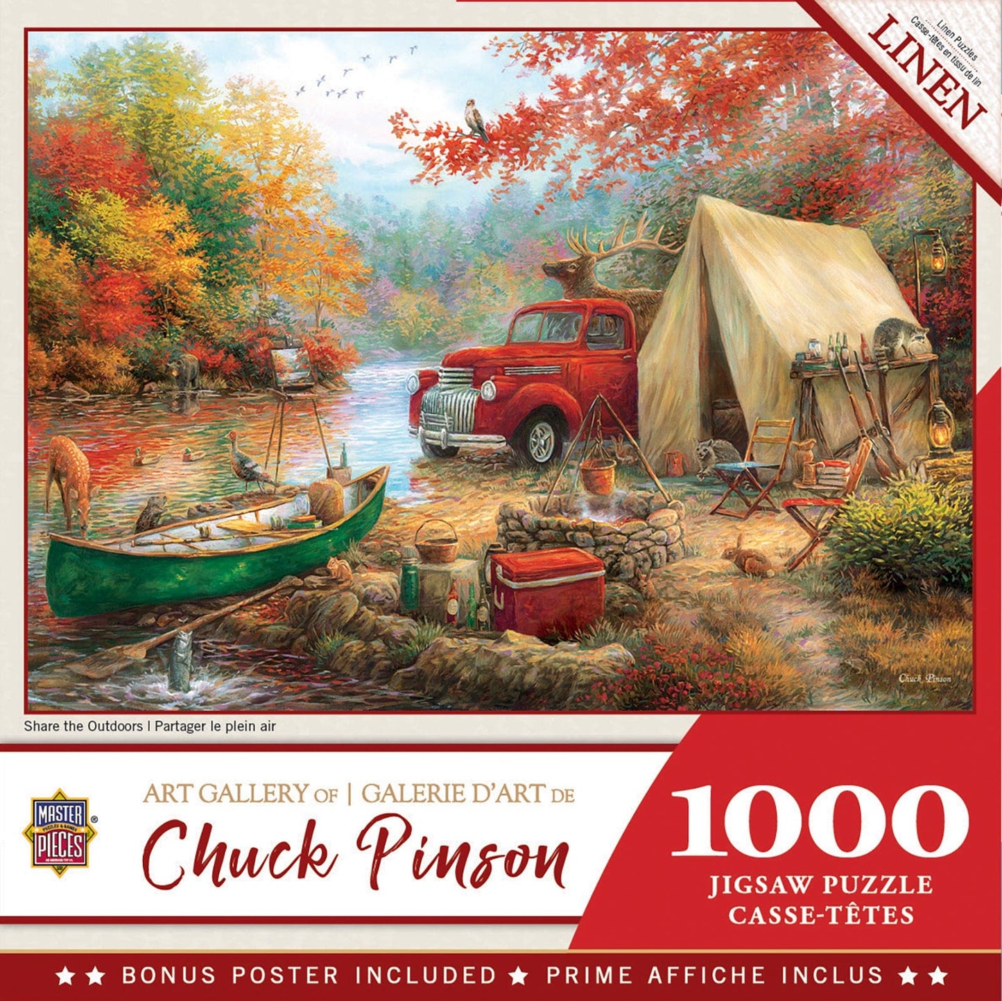 Master Pieces Jigsaw puzzle packaging featuring a scenic autumn camping scene with a red truck and tent.