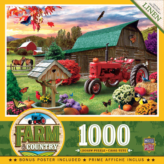 Master Pieces Farm and Country 1000-piece puzzle box with a barn, tractor, and autumn scenery.