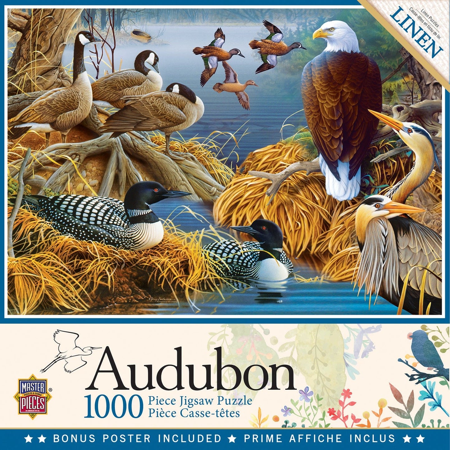 Master Pieces Audubon 1000-piece jigsaw puzzle packaging with birds and nature scene