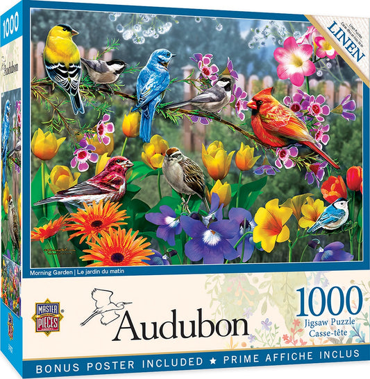 Master Pieces Audubon bird and flower puzzle box with colorful illustration of birds and flowers.